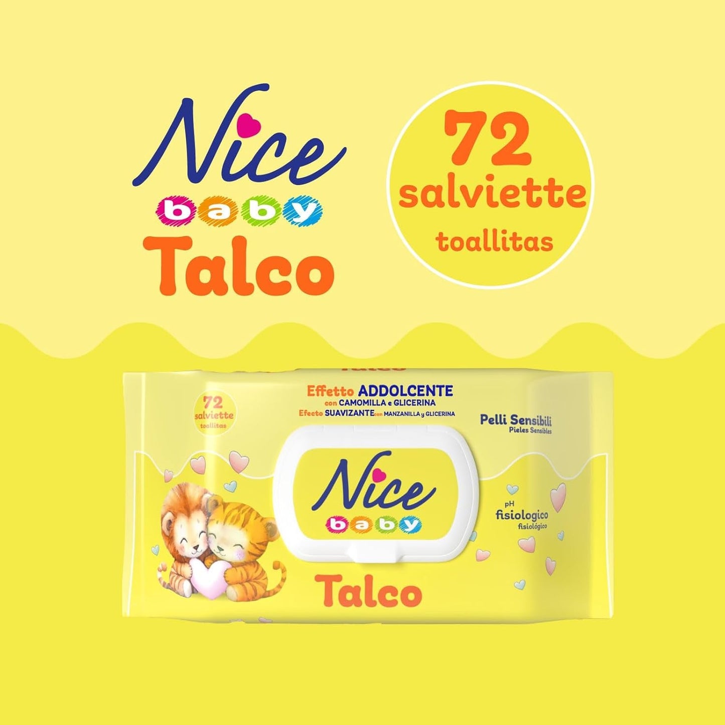 NICE Salviette umidificate per neonati 72 pezzi Con coperchio Talco Profumo Materiali naturali Pulizia delicata Bambino 1pz