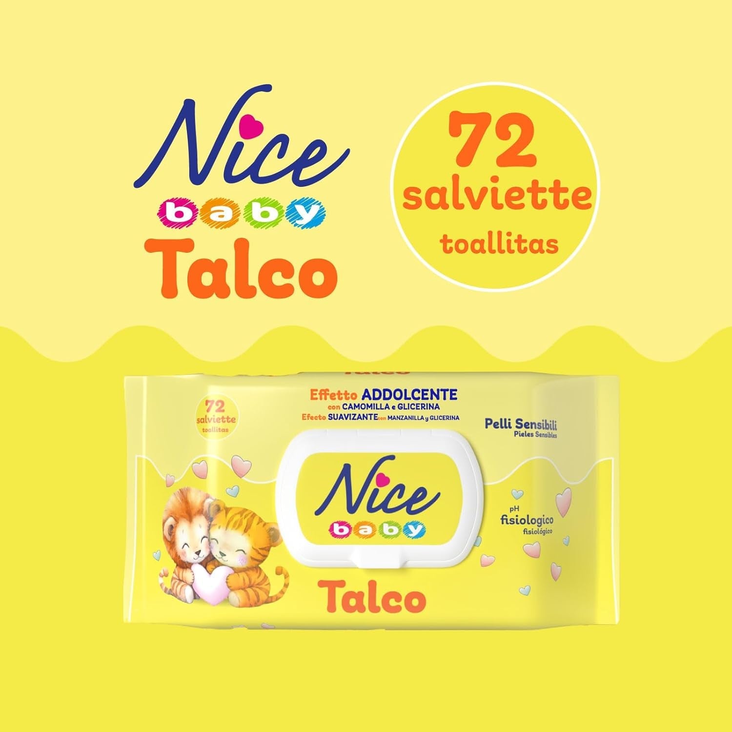 NICE Salviette umidificate per neonati 72 pezzi Con coperchio Talco Profumo Materiali naturali Pulizia delicata Bambino 1pz