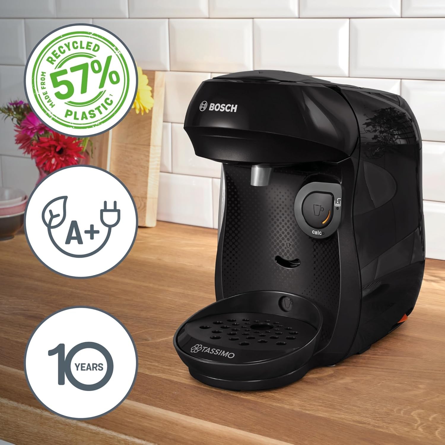 Bosch Tassimo Happy Friendly TAS102E Macchina per caffè a capsule, 70+ bevande, Adatta a tutte le tazze, Auto-Stop, Sostenibile, Dosaggio perfetto, Salvaspazio, 1400 W, Nero