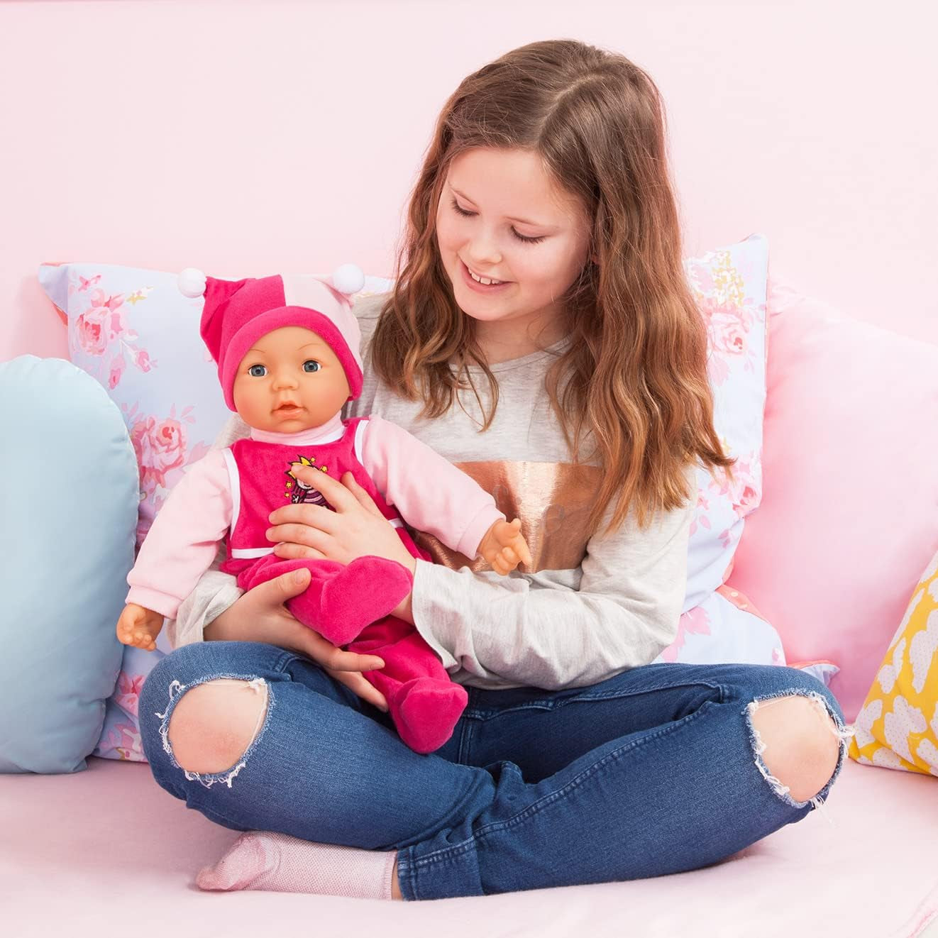 Funktionspuppe Hello Baby mit Geräuschen, bewegt den Mund, interattivo Puppe, Babypuppe, mit Zubehör, 46cm, rosa