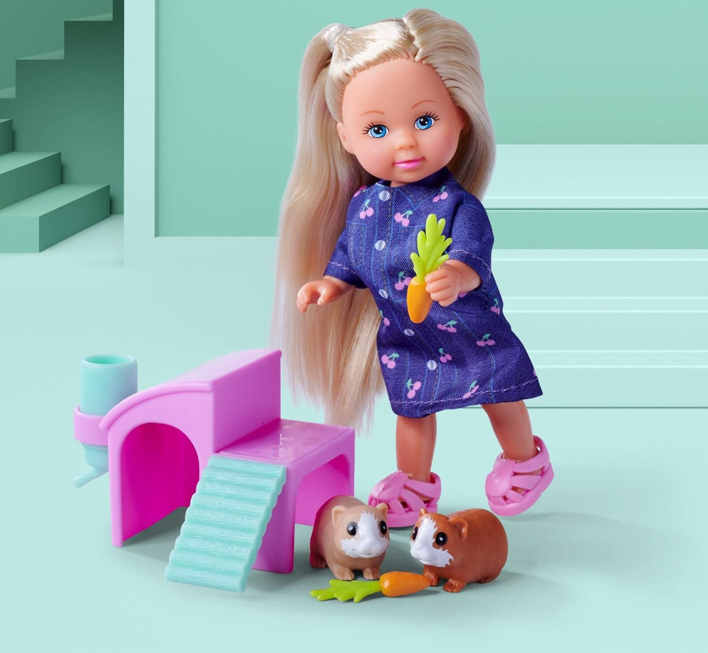 Simba Evi Love Guinea Pigs Bambola da gioco con due porcellini d'India e casa, bottiglia d'acqua e carote, 12 cm, dai 3 anni in su