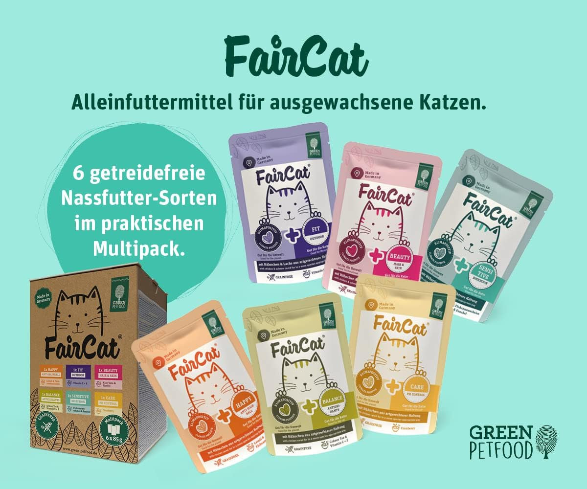 Green Petfood FairCat Confezione multipla (6 x 85 g) | Adulto | Cibo umido premium per gatti adulti 6 verschiedenen leckere Sorten im Multipack | getreidefrei | Katzenfutter nass | Confezione da 6