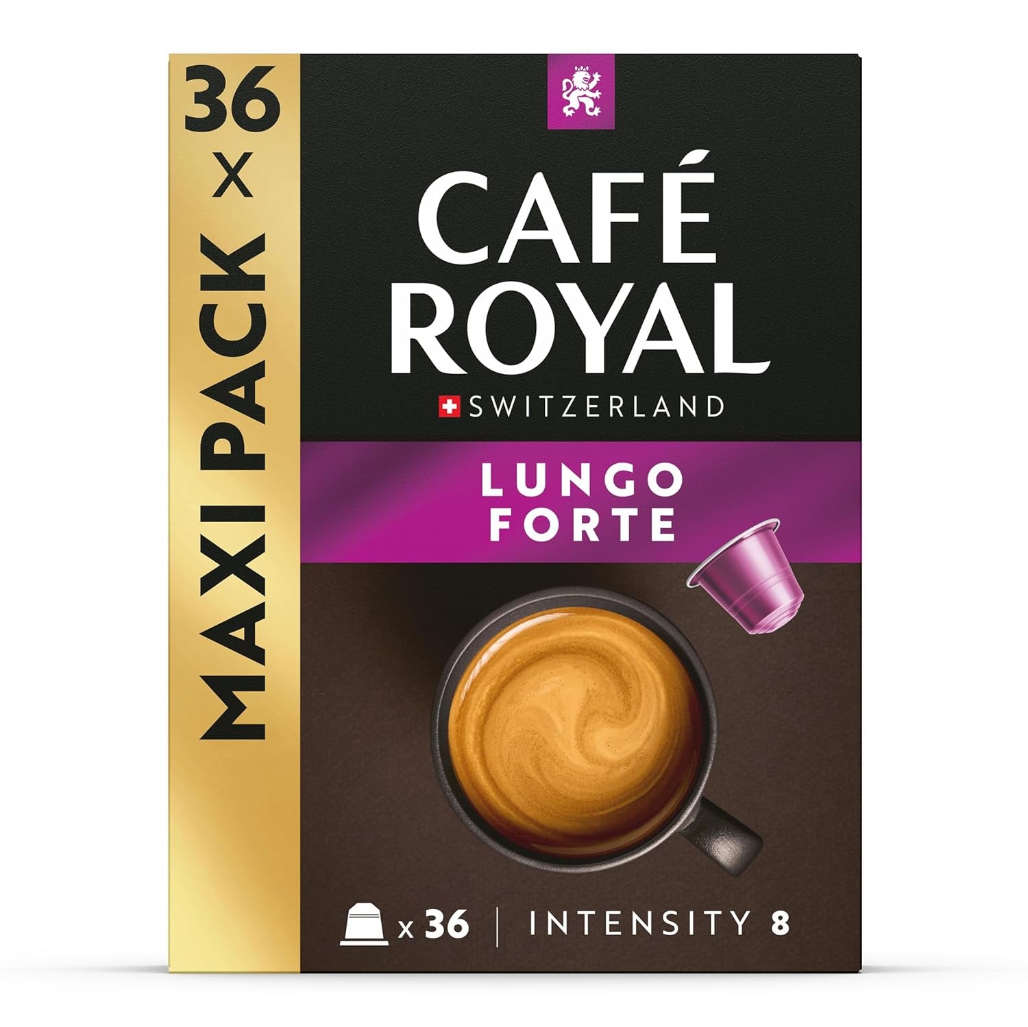 Café Royal Lungo Forte – Capsule di caffè compatibili Nespresso®, 100% Arabica, würzig, dunkle Röstung, Intensität 8/12, Rainforest Alliance, 36 capsule