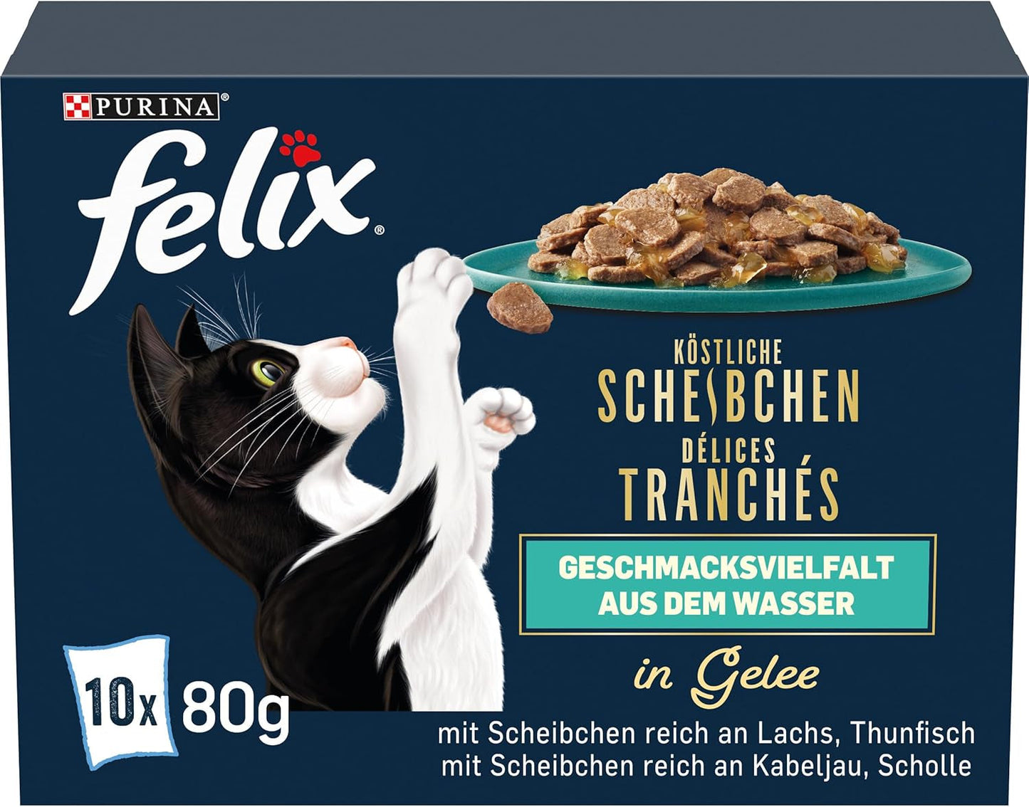 Felix Delicious Alimento umido per gatti a fette in gelatina, varietà di gusti all'acqua, confezione da 6 (6 x 10 buste da 80g ciascuna)