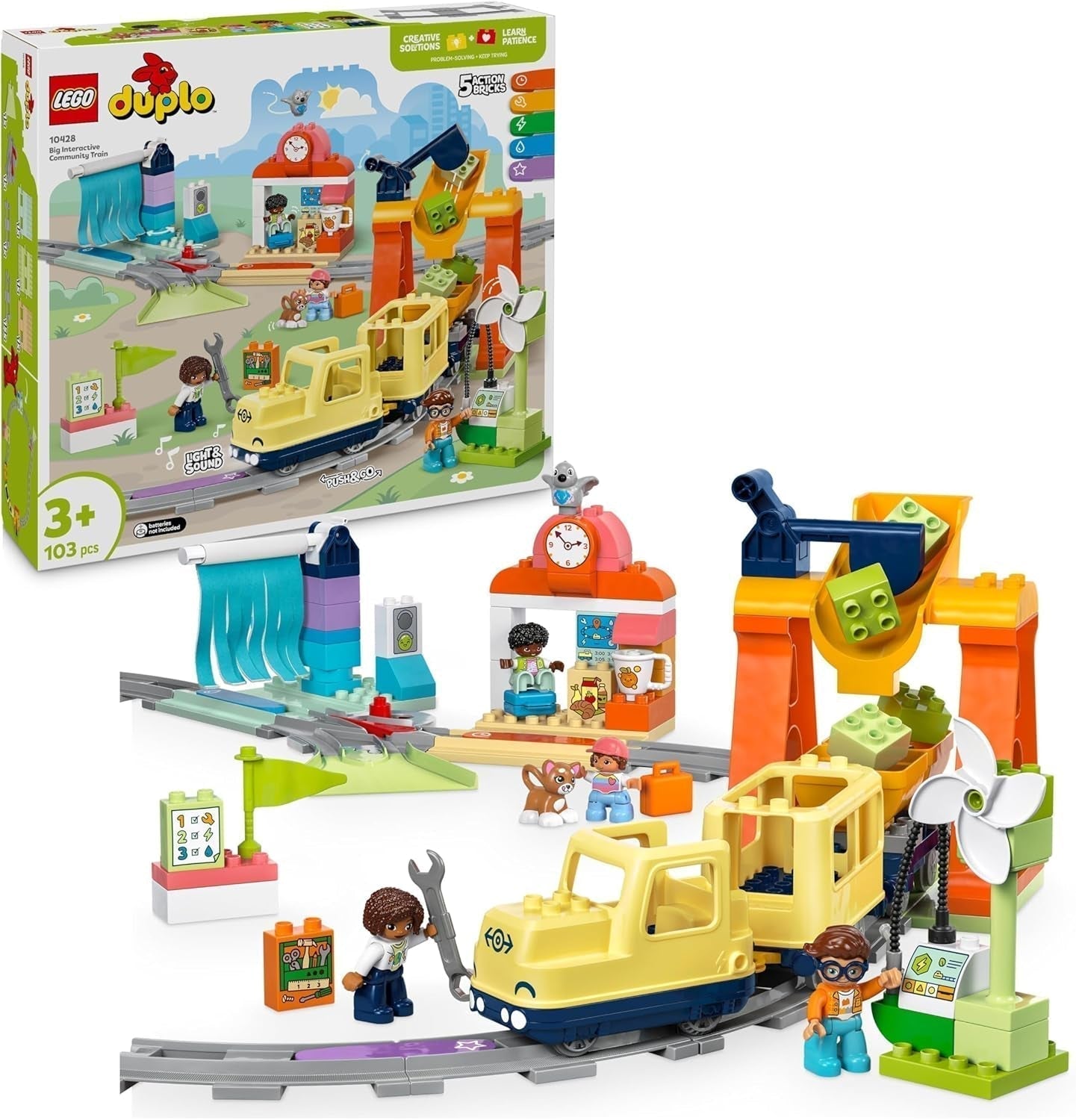 LEGO DUPLO Town Ferrovia interattiva grande, Giocattolo da costruzione per bambini dai 3 anni, Locomotiva Push & Go con luci e suoni, Parti di binari, Giocattolo educativo prescolare 10428 Set da costruzione Besuche den LEGO-Store Titolo predefinito