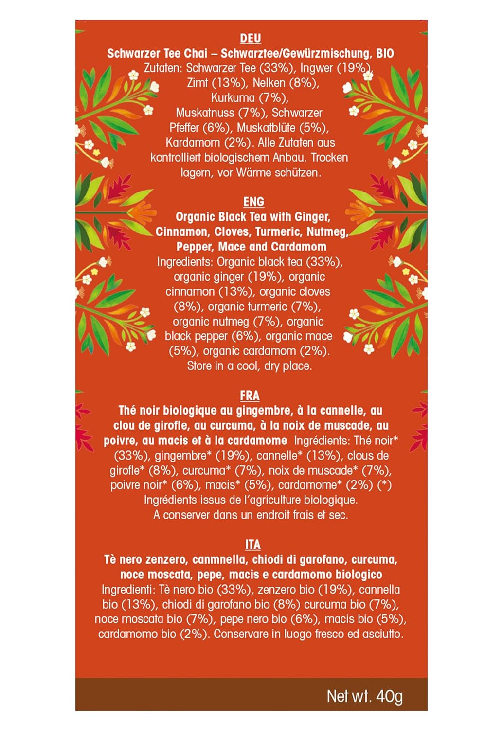ETS - Tè nero Chai, Naturland BIO, 20 bustine di tè (confezione da 2)
