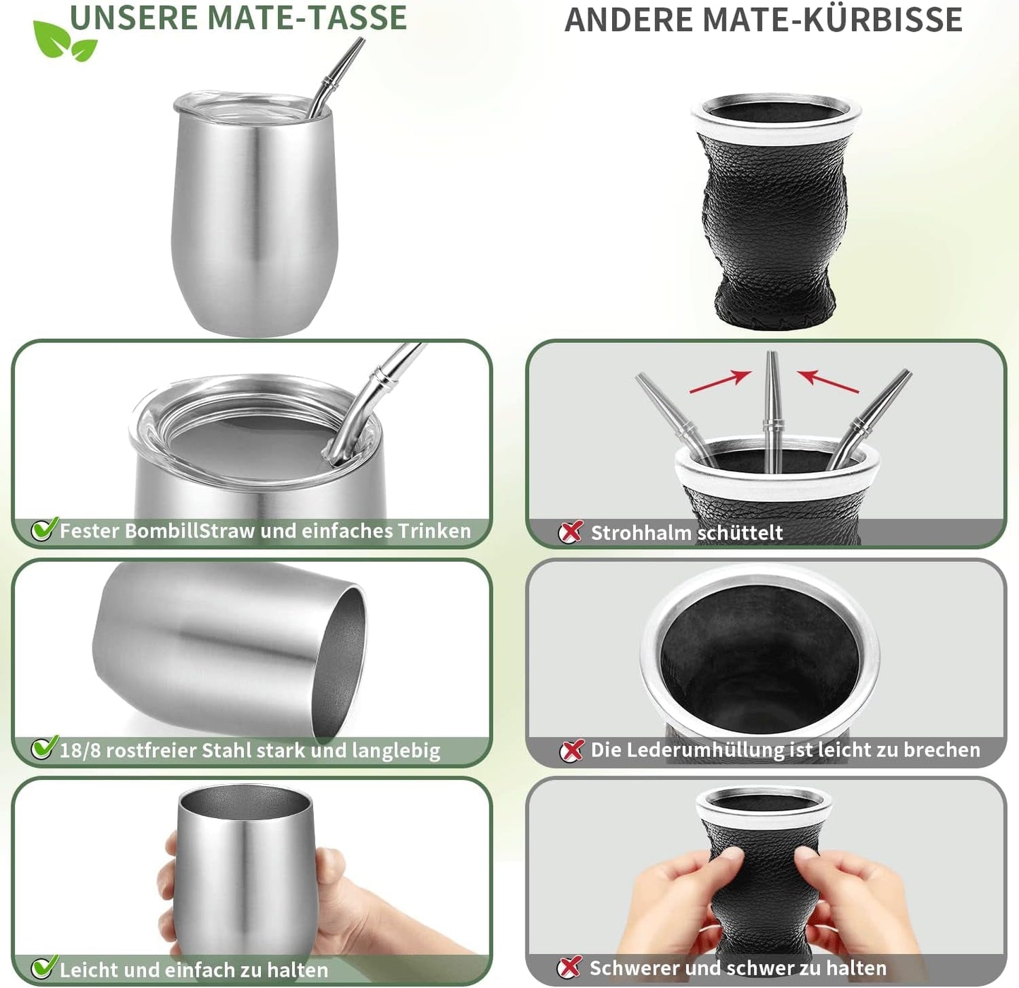Tazza Modern Mate da 340 ml, Set di Tazze Yerba Mate in Acciaio Inossidabile a Doppia Parete coibentato, Tazza da tè Mate con Coperchio Senza BPA, Bombillas e una Spazzola per la Pulizia (Argento)