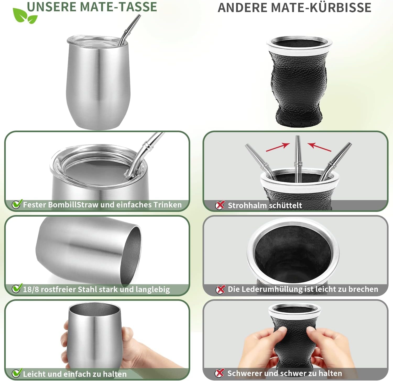 Tazza Modern Mate da 340 ml, Set di Tazze Yerba Mate in Acciaio Inossidabile a Doppia Parete coibentato, Tazza da tè Mate con Coperchio Senza BPA, Bombillas e una Spazzola per la Pulizia (Argento)
