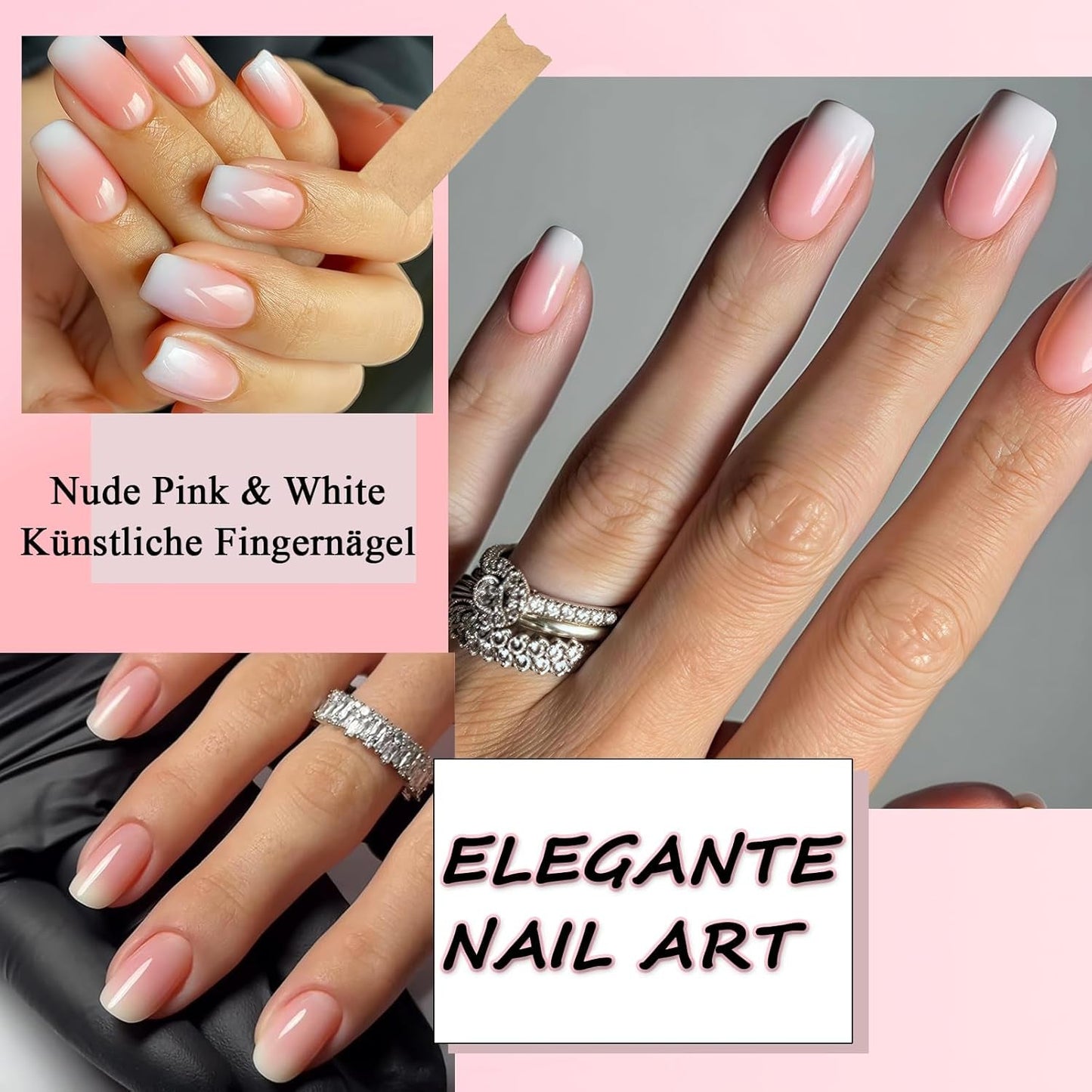 Kit per unghie finte da 360 pezzi - Unghie finte corte rosa nude sfumate bianche - Colla quadrata su unghie finte - Unghie autoadesive lucide a copertura totale per donne e ragazze (quadrate)