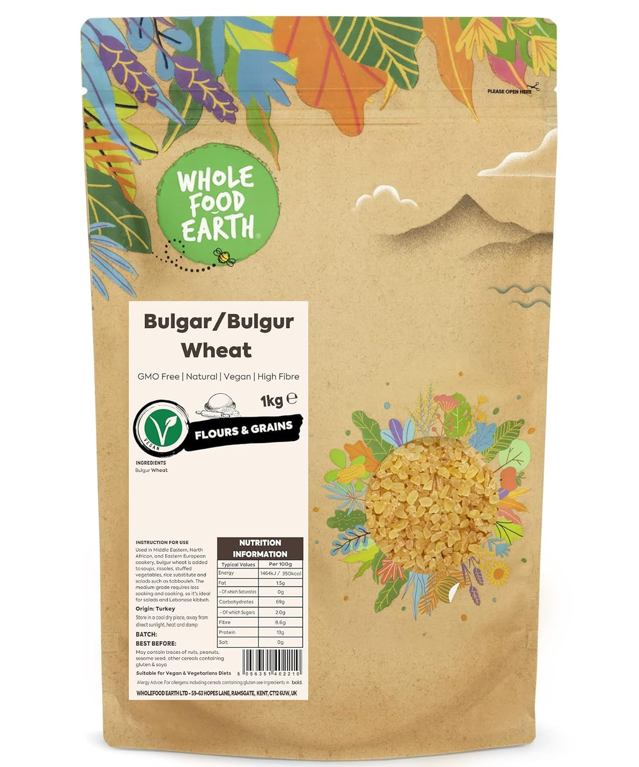 Bulgur di grano integrale terrestre - non OGM - naturale - vegano - senza latticini - senza zuccheri aggiunti, 500g
