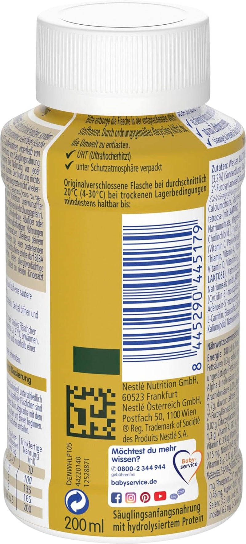 BEBA Nestlé BEBA SUPREME 1 Latte per lattanti: biberon pronti da bere con Omega 3, confezione da 4 (1 x 200 ml)