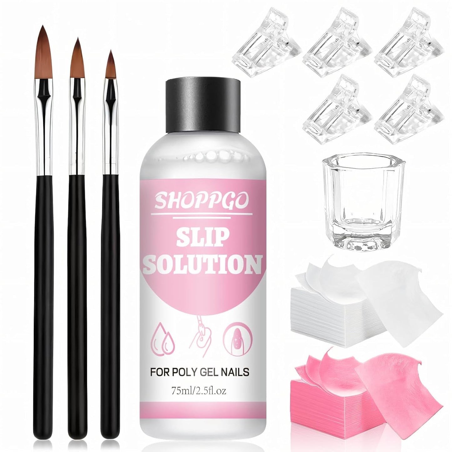 Soluzione lisciante Polygel, kit per unghie Polygel Slip Solution, soluzione lisciante 75 ml, include 5 clip per punte delle unghie, 3 spazzole per unghie, 1 tazza di cristallo, 100 fogli di pulizia