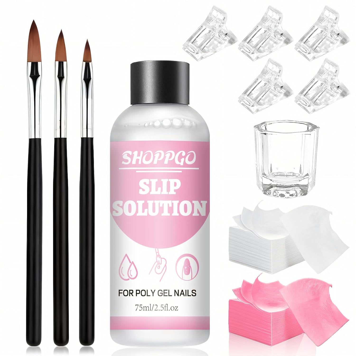 Soluzione lisciante Polygel, kit per unghie Polygel Slip Solution, soluzione lisciante 75 ml, include 5 clip per punte delle unghie, 3 spazzole per unghie, 1 tazza di cristallo, 100 fogli di pulizia