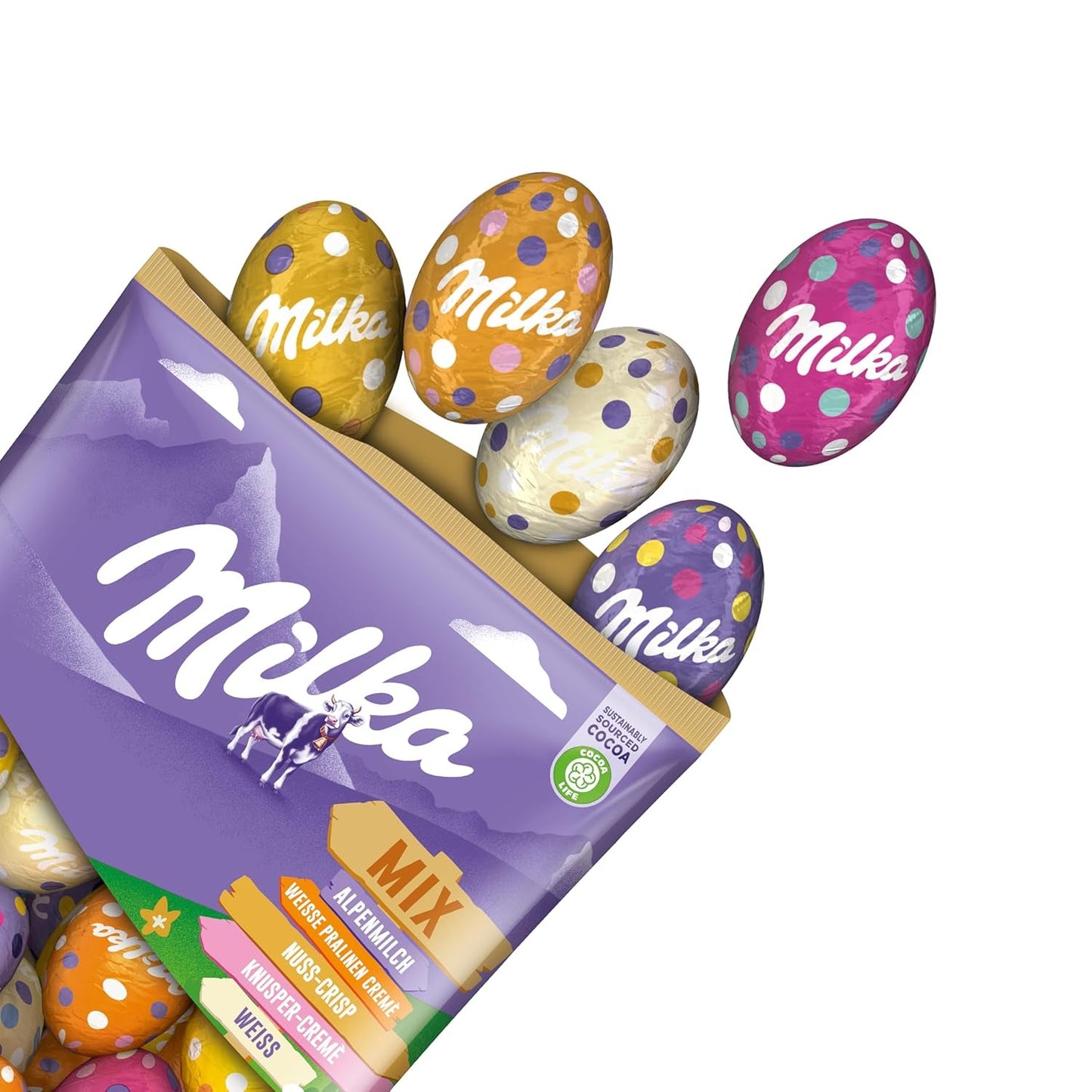 Mix per uova Milka - Colorato mix di uova di cioccolato ripiene per Pasqua, in cinque varianti - 350g
