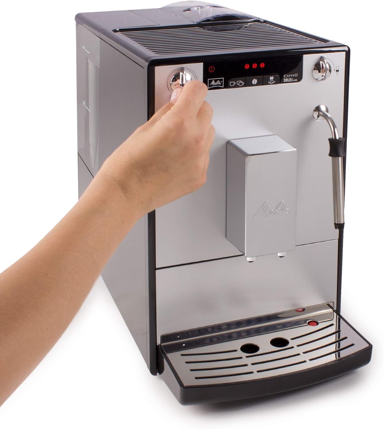 Melitta Solo & Milk - macchina da caffè slim completamente automatica con montalatte, macchina da caffè con serbatoio dell'acqua rimovibile, ad es. caffè o cappuccino, argento