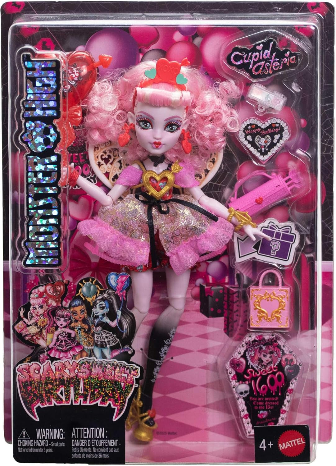 Monster High Scary Sweet Birthday Cupido Asteria bambola in abito da festa rosa e rosso con accessori a tema come invito, palloncino, regalo e altro, JBG77