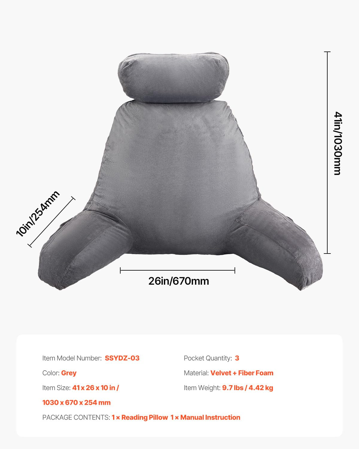 VEVOR Cuscino da lettura, Cuscino da letto (grande) con poggiatesta staccabile, cuscino per lo schienale con 3 tasche e tessuto in velluto corto lavabile e memory foam triturato, lato con maniglia, per guardare la TV, leggere, giocare