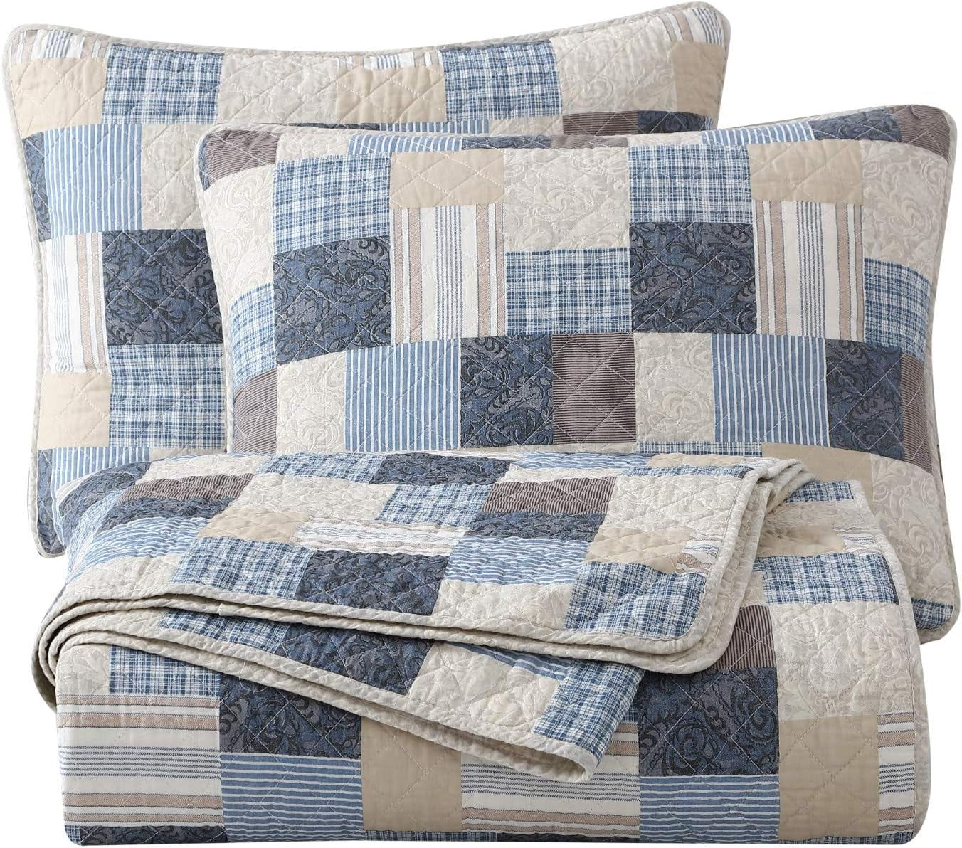 Collezione Chezmoi Addy Set trapunta patchwork Cotone prelavato Leggero Reversibile Per tutte le stagioni Oversize 3 pezzi Blu marino Bianco Grigio Talpa Trapunte e trapunte scozzesi Naty Shop Patchwork Queen Plaid