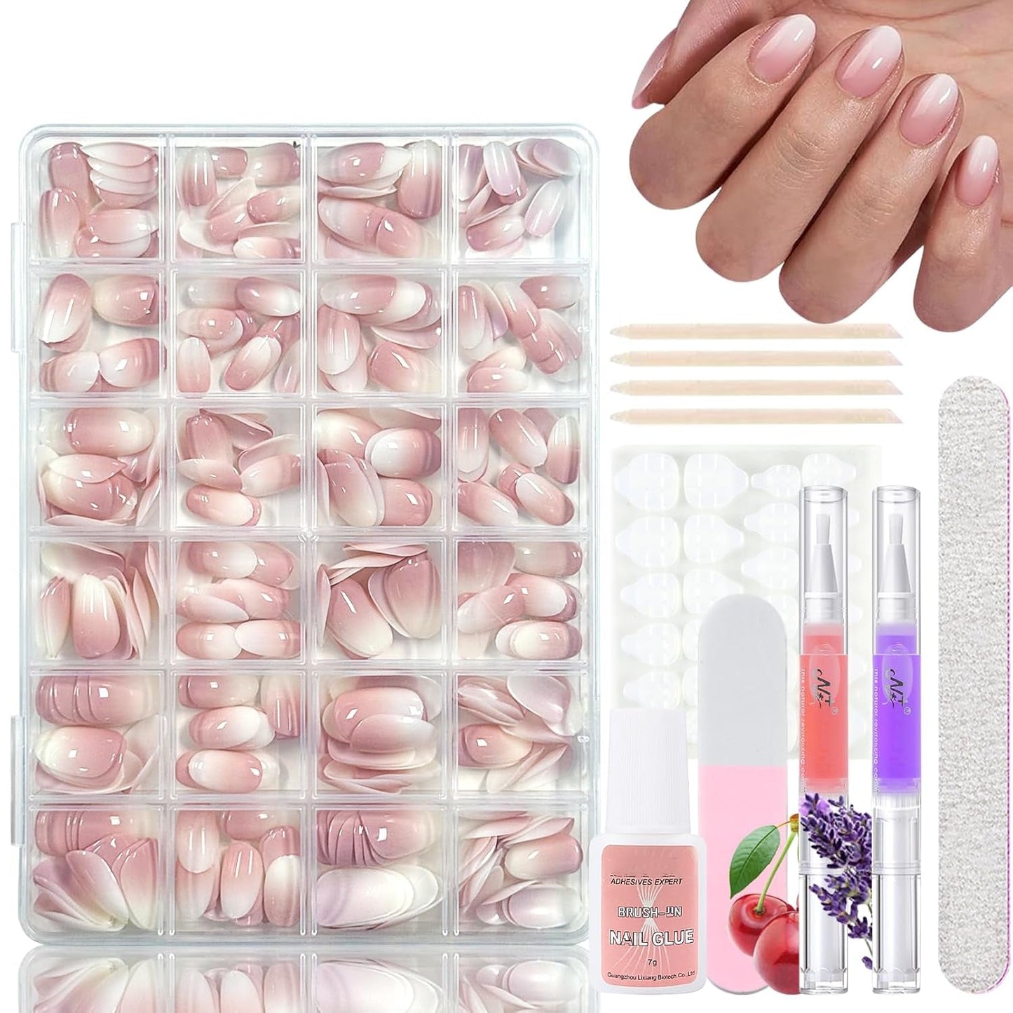 Set di 360 unghie finte ballerina sfumata, unghie artificiali incollate con sfumatura rosa bianca con 2 penne a olio per unghie, unghie finte medie sfumate per donne fai da te