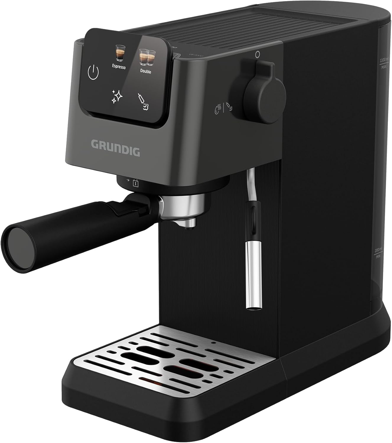 Macchina per caffè espresso portafiltro GRUNDIG KSM 5330 con contenitore del latte integrato, potenza 1628 W, pressione della pompa 15 bar, doppio ugello, display touch a colori, BrewSense, CreamyPro, Acciaio inossidabile scuro/Nero