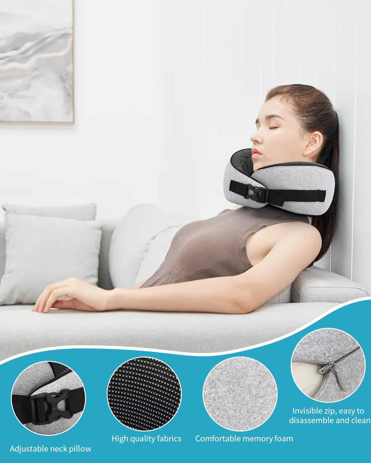 Cuscino per collo da aereo, Cuscino da viaggio in memory foam, Cuscino per collo per adulti, Cuscino da aereo regolabile e lavabile, Cuscino da viaggio ergonomico (Grigio) Cuscini ortopedici cervicali Naty Shop