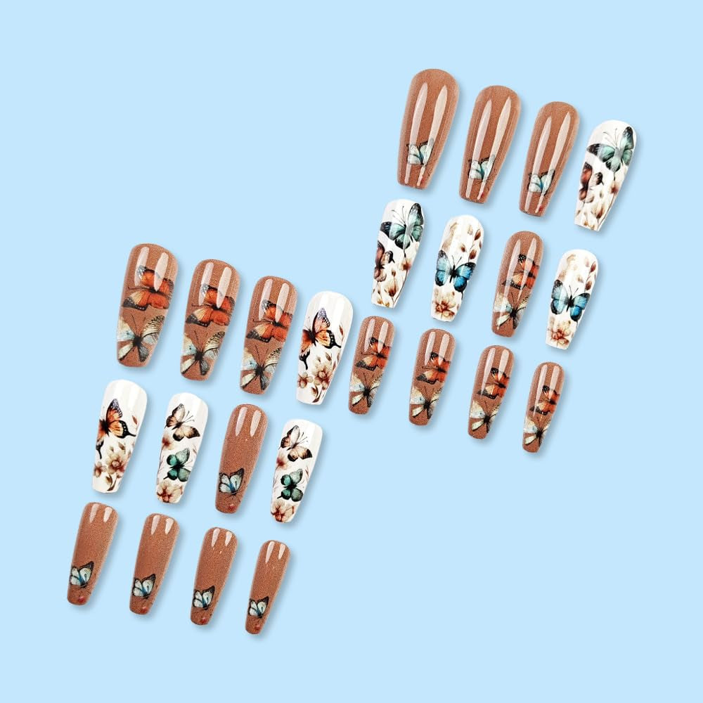 24 pezzi stampa lunga sulle unghie bara unghie artificiali fiore farfalla unghie adesive bianco marrone acrilico set di unghie punte per unghie donna primavera estate accessori per unghie