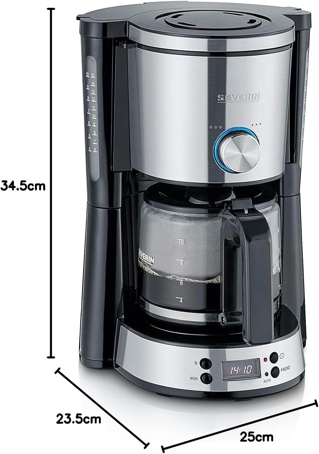 Macchina per caffè espresso SEVERIN "TypeSwitch" con caraffa in vetro e timer, AromaSwitch per scegliere 2 opzioni di erogazione, orologio digitale con funzione timer, per un massimo di 10 tazze, 1000 W, acciaio inossidabile spazzolato-nero, KA 4826