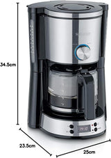 Macchina per caffè espresso SEVERIN "TypeSwitch" con caraffa in vetro e timer, AromaSwitch per scegliere 2 opzioni di erogazione, orologio digitale con funzione timer, per un massimo di 10 tazze, 1000 W, acciaio inossidabile spazzolato-nero, KA 4826