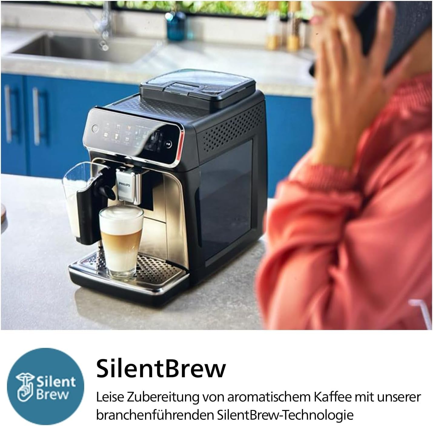 Macchina per caffè espresso automatica PHILIPS serie 3300 - 6 bevande, moderno touch screen a colori, sistema di preparazione del latte LatteGo, SilentBrew, macinacaffè 100% ceramica, filtro AquaClean. Cromo Nero (EP3347/90)