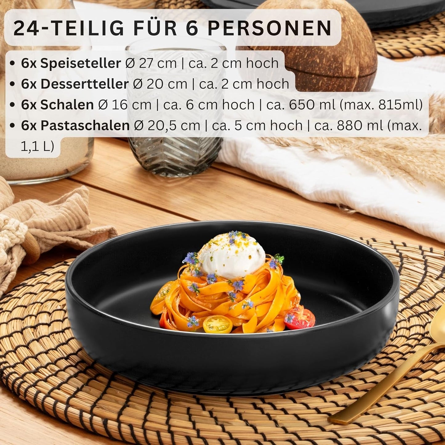 SÄNGER Madeira | Set di stoviglie combinate da 24 pezzi, set di stoviglie in gres per 6 persone, 6 piatti piani, 6 piatti da colazione, 6 piatti piani, 6 ciotole per pasta, set di stoviglie e ciotole, nero opaco | LA COLLEZIONE DI VALORE