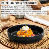 SÄNGER Madeira | Set di stoviglie combinate da 24 pezzi, set di stoviglie in gres per 6 persone, 6 piatti piani, 6 piatti da colazione, 6 piatti piani, 6 ciotole per pasta, set di stoviglie e ciotole, nero opaco | LA COLLEZIONE DI VALORE