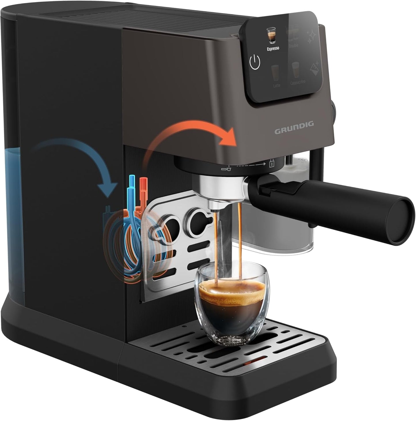 Macchina per caffè espresso portafiltro GRUNDIG KSM 5330 con contenitore del latte integrato, potenza 1628 W, pressione della pompa 15 bar, doppio ugello, display touch a colori, BrewSense, CreamyPro, Acciaio inossidabile scuro/Nero