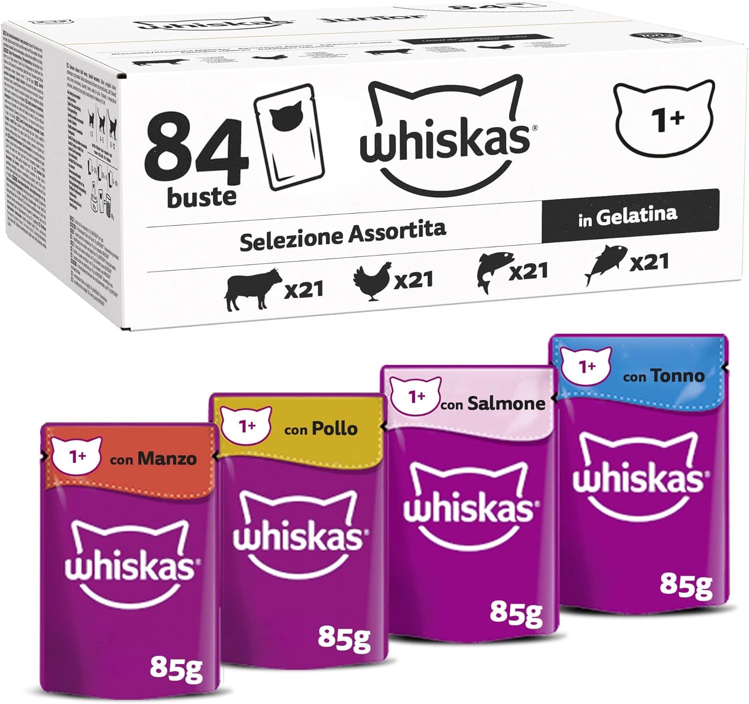 Whiskas Adult Cibo umido 1+ Selezione mista in gelatina, 84 bustine, 84x85 g (1 confezione grande) - Cibo umido di alta qualità per gatti adulti