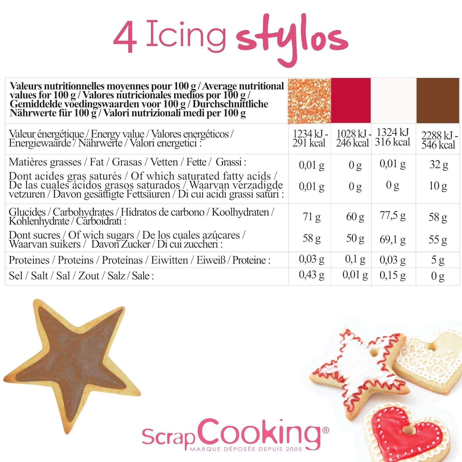 Scrapcooking - Pennarelli 4 pezzi: oro, cioccolato, bianco e rosso - penne commestibili decorative per scrivere e disegnare su dolci, torte e biscotti