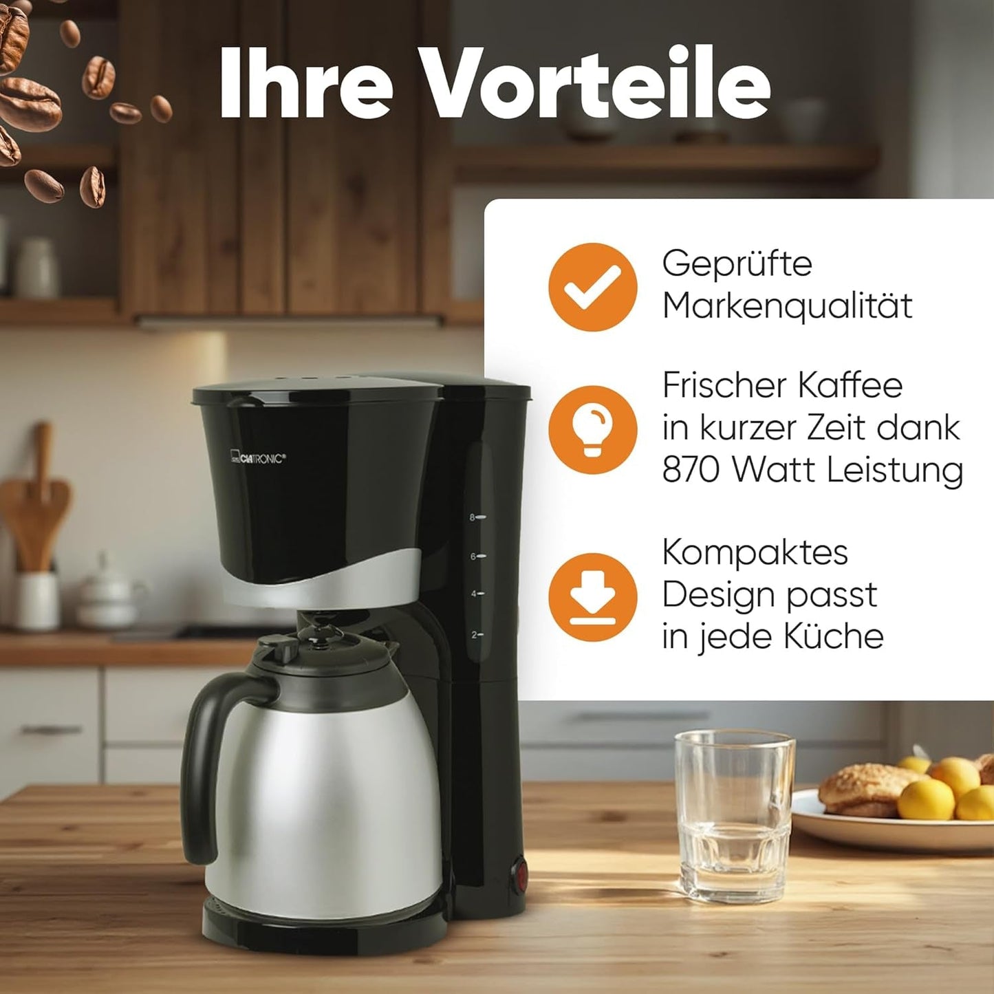 Caffettiera Clatronic® con thermos | per 8-10 tazze di caffè | senza perdita di temperatura | caffettiera con filtro | 1 litro | Espresso | Caffettiera a filtro con thermos | KA 3327 nero