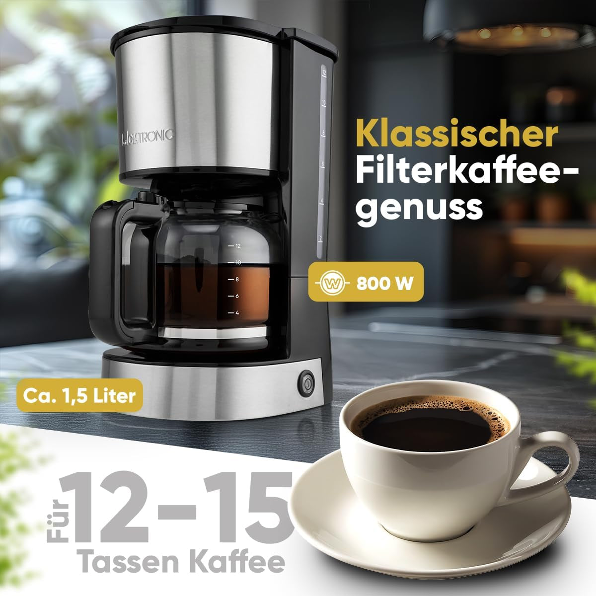 Macchina per caffè espresso con filtro Clatronic® | per 12-14 tazze | Macchina per caffè espresso con filtro | Cassa in acciaio inossidabile | Antigoccia | Espresso | Macchina per caffè espresso con filtro | 800 W | KA3808
