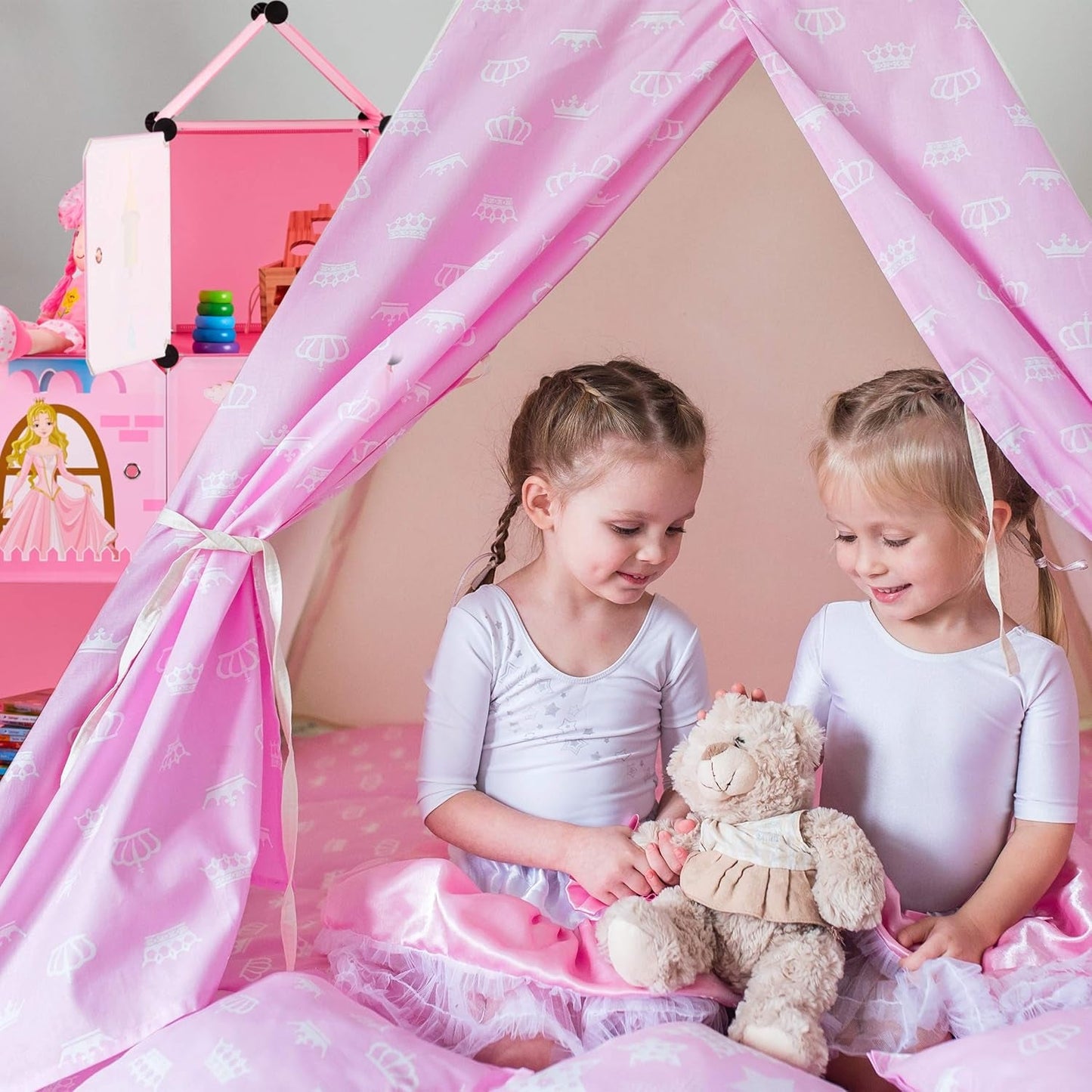 Scaffale modulare Relaxdays per la cameretta dei bambini, design castello principessa, plastica, armadio fai da te con ante, HL: 128 x 110 x 37 cm, rosa