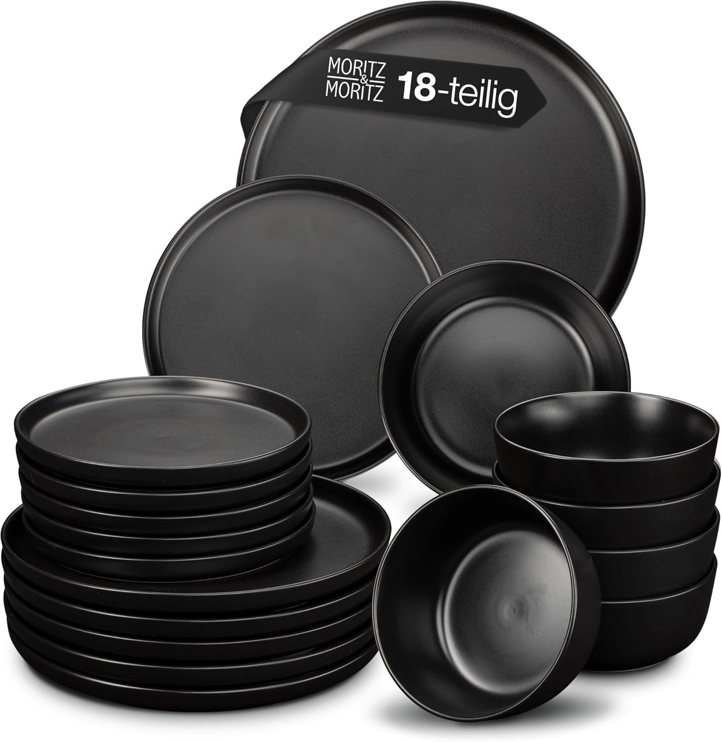 Moritz & Moritz NORDIC Servizio Piatti per 6 Persone - Servizio Piatti in Gres Nero da 18 Pezzi - Design Scandinavo - Robusto Servizio Piatti per 6 Persone per l'Uso Quotidiano e per gli Ospiti - Set Piatti Combinato