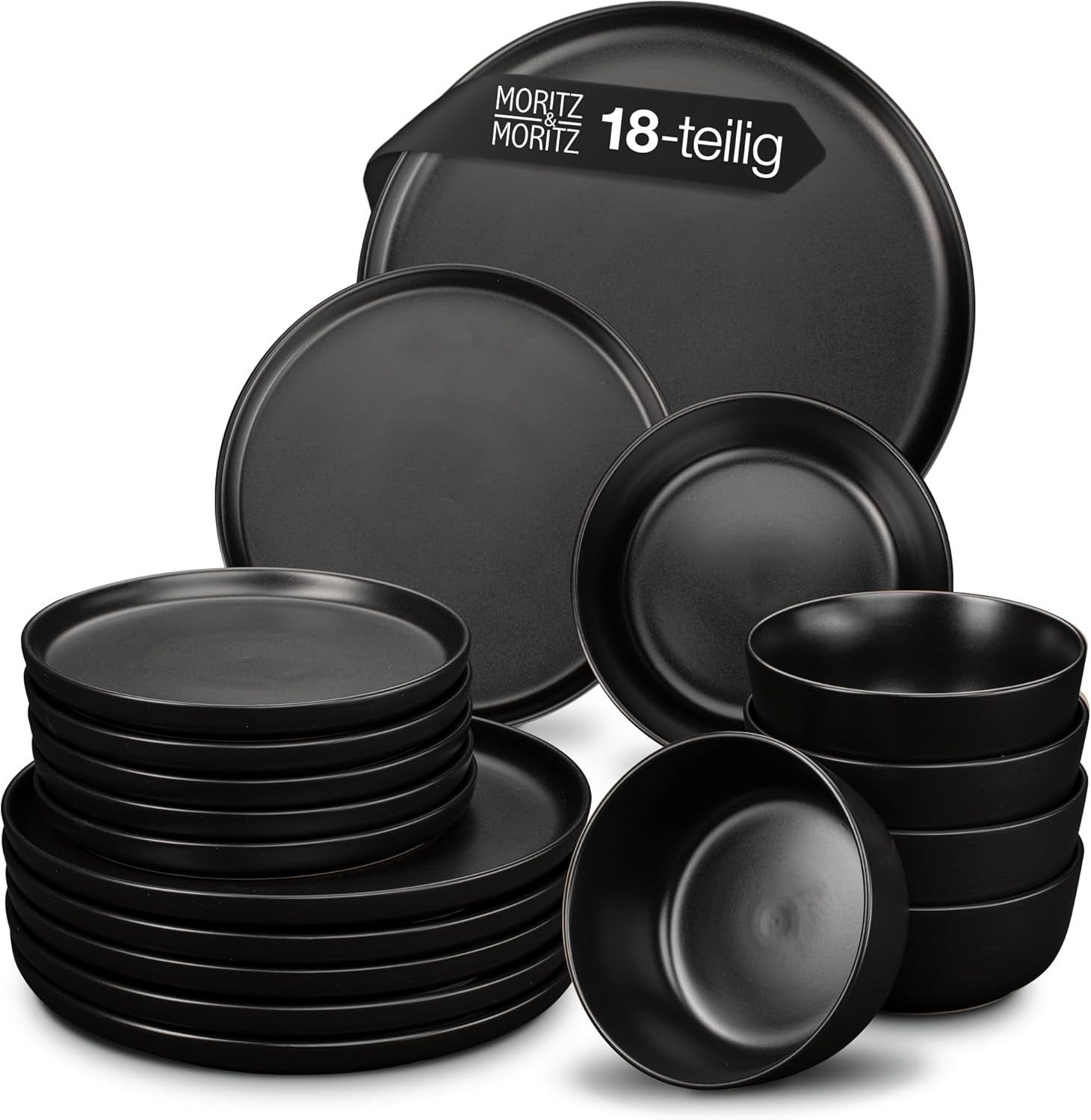 Moritz & Moritz NORDIC Servizio Piatti per 6 Persone - Servizio Piatti in Gres Nero da 18 Pezzi - Design Scandinavo - Robusto Servizio Piatti per 6 Persone per l'Uso Quotidiano e per gli Ospiti - Set Piatti Combinato