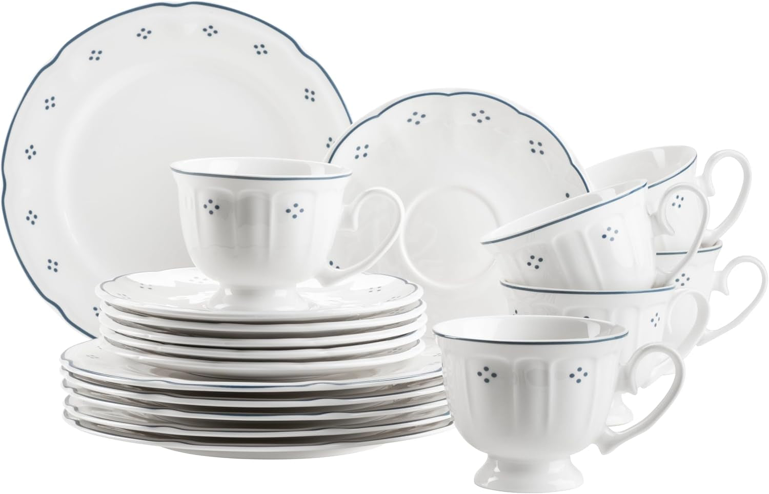 Servizio da caffè in porcellana serie Mäser Lova da 18 pezzi - 6 piatti da dessert (19,5 cm), 6 tazze (19 cl) e 6 piattini (15,5 cm), blu