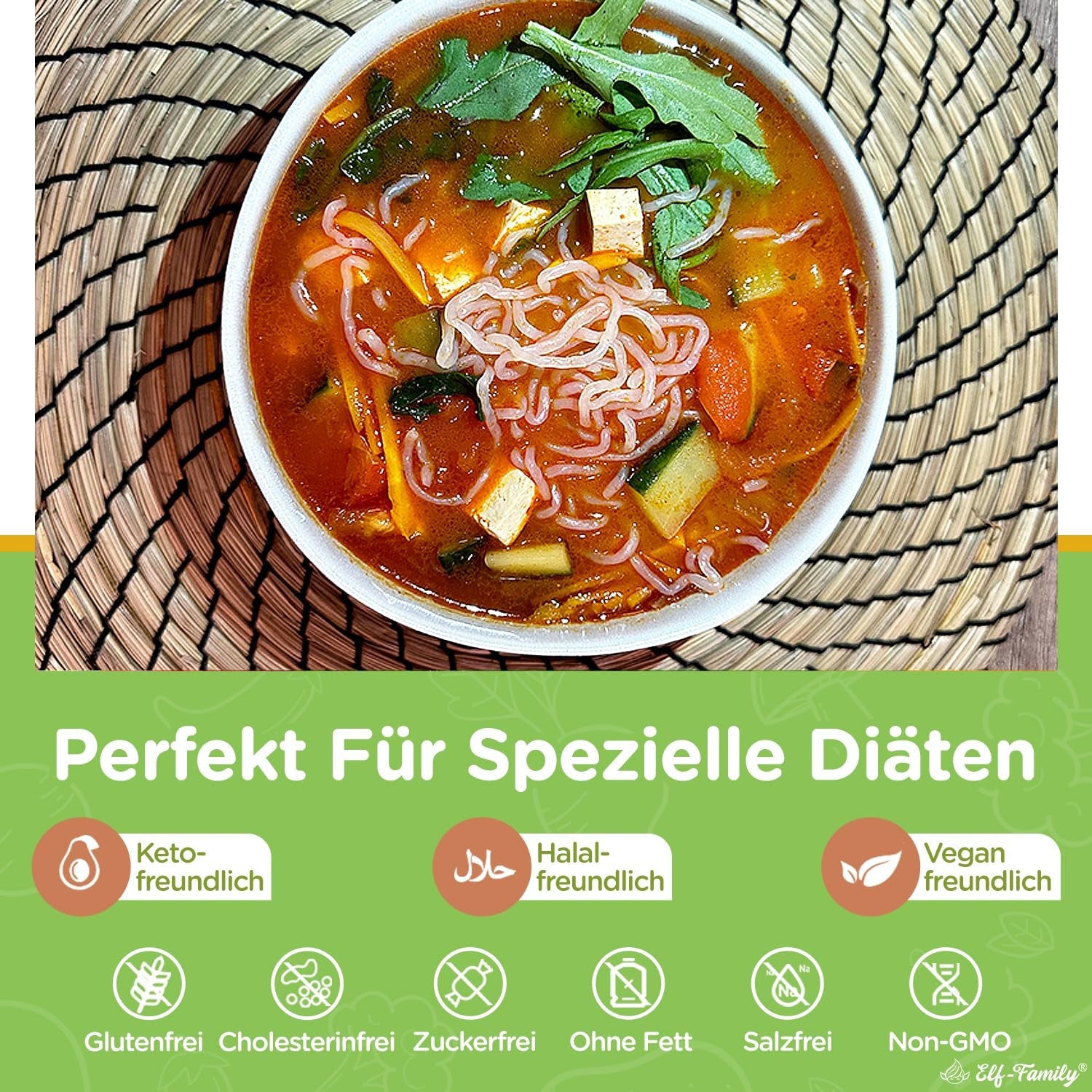 Elf-Family 270g x6er Box (confezione da 12) Bio Konjak Nudeln Ultra Low Carb Shirataki Nudeln Vegan Glutenfrei-Instant Nudeln ohne kohlenidrato/Keto/Kalorienarme/Fettfrei/Zuckerfrei -Spaghetti MHD: 12/11/2026
