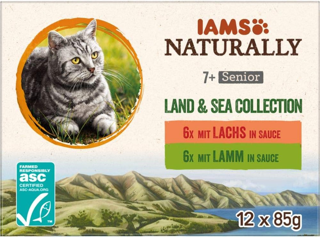 IAMS Naturally Senior Alimento umido in salsa - Alimento umido di alta qualità a base di carne e pesce per gatti anziani, Collezione Land & Sea, 12 x 85g