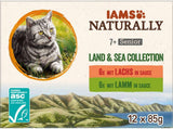 IAMS Naturally Senior Alimento umido in salsa - Alimento umido di alta qualità a base di carne e pesce per gatti anziani, Collezione Land & Sea, 12 x 85g