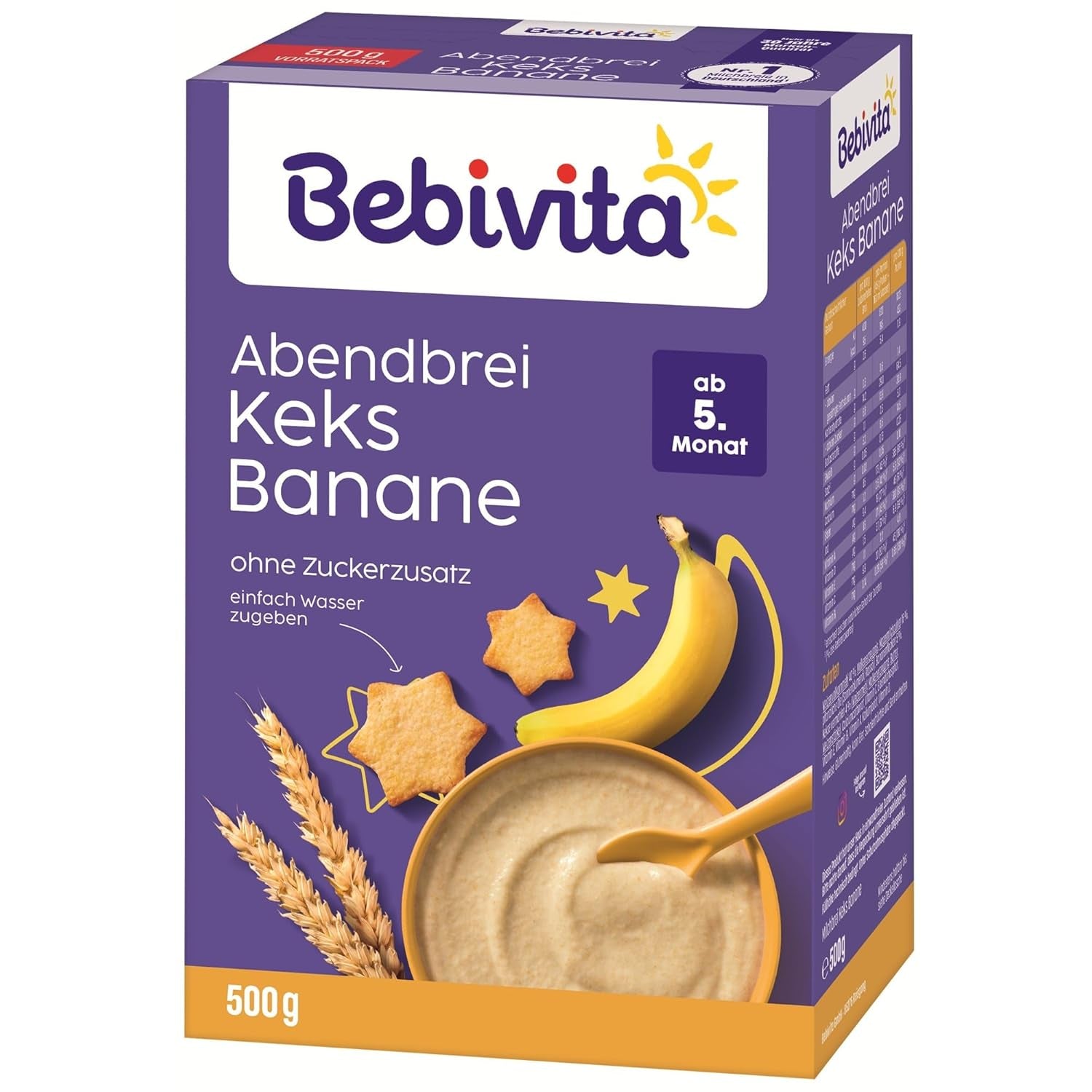 Porridge serale con biscotti e banane (4x500g), porridge di latte di 5 mesi, senza zuccheri aggiunti, con preziosi minerali e vitamine, molto saziante