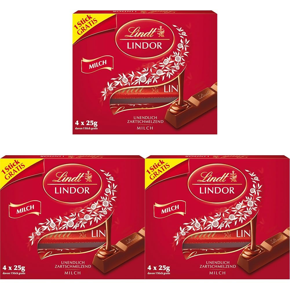 Cioccolata Lindt | Bastoncini di cioccolato al latte LINDOR, Offerta promozionale | 100 g| 4 tavolette di cioccolato al latte LINDOR con ripieno scioglievole in bocca | Bastoncini di cioccolato (confezione da 3)