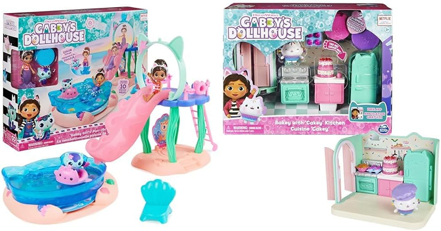 Casa delle bambole di Gabby, set da gioco Purific per la festa in piscina con i personaggi di Gabby e Suricato e camera Deluxe, dolci da forno, cucina da dolci