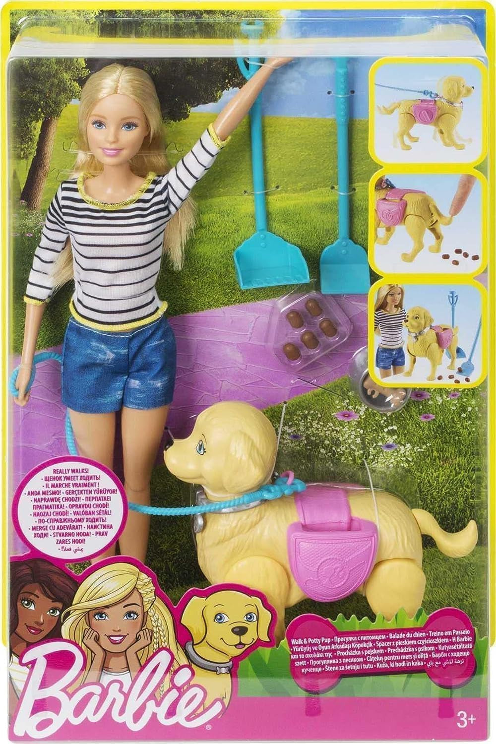 Barbie bambola con vasino e passeggio, bambola bionda con cane che cammina, cucchiaio per la cacca, accessori tra cui cane bambola, regalo per bambini, giocattolo da 3 anni in su, DWJ68