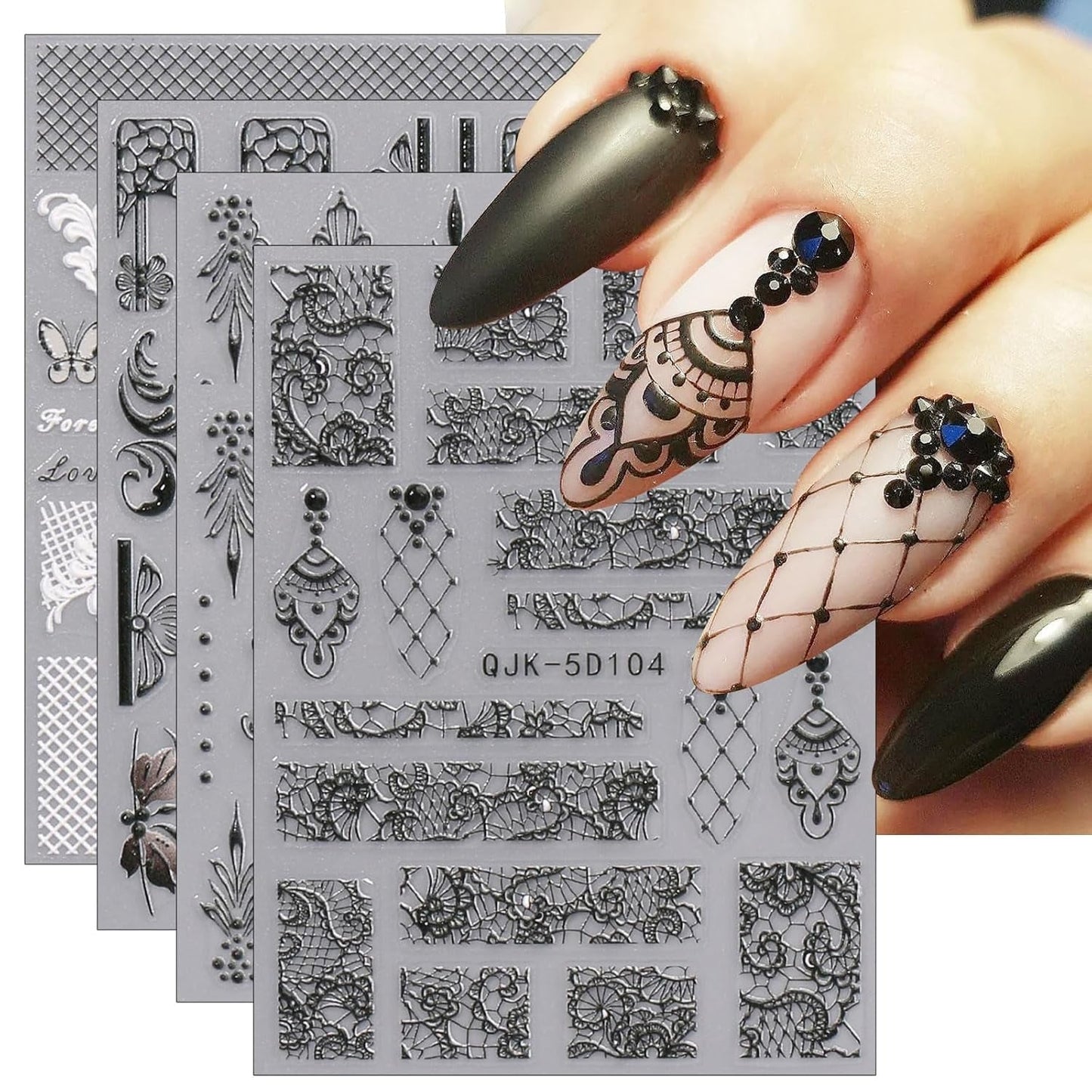 JMEOWIO 3D Nagelsticker Schwarz Weiß Blume Nail Art Sticker Self-klebend Nagelaufkleber 5D Stereoscopic Blumen Dekoration Nageldesign Zubehör 4 Blatt