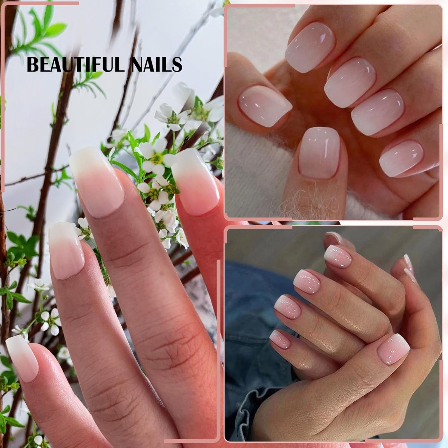 Set unghie finte adesive - Unghie finte francesi - 24 pezzi Design quadrato corto Unghie artificiali con sfumatura rosa bianca e manicure con ballerina (Short Pink Gradient)