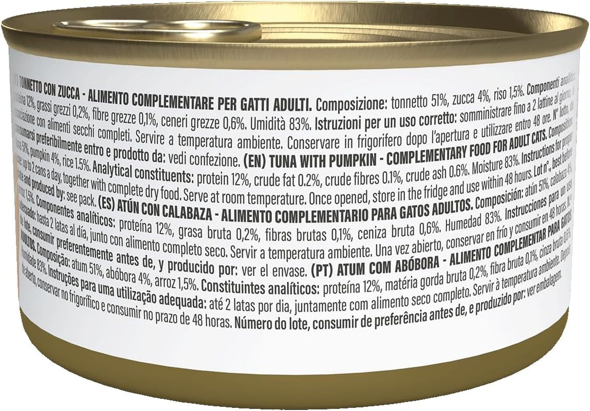 Tonno con zucca in brodo, alimento umido complementare per gatti, ricetta originale, 100% naturale, 12 lattine da 70g ciascuna